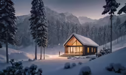 a cabin in the woods covered with snow