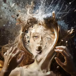 a young girl looking into the mirror with hair blowing in the wind