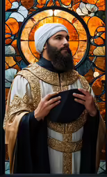 a man with a beard wearing a priest costume stands in front of stained glass