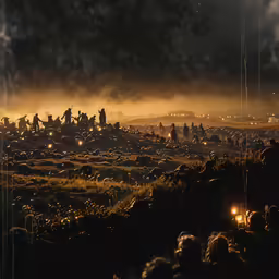 a nighttime scene in the distance with lights and smoke