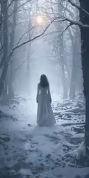 a woman wearing a white dress walking through a forest