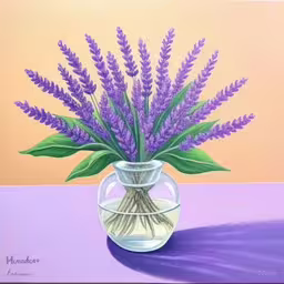 a painting of a bouquet of purple flowers in a glass vase