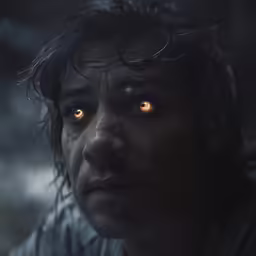 a man is staring in to the distance with red eyes