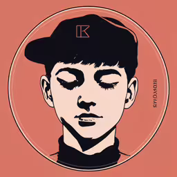 a person in a baseball cap and a circle,the artwork features a photo of a person