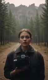 a girl standing on a dirt road with a camera in her hand
