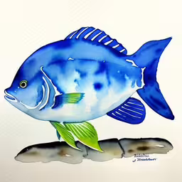 a watercolor painting of a blue fish with a green fin,this is an image of a painting of blue fish,a blue fish is shown on a white background,a fish that is laying down on a rock,the blue fish is standing on top of some rocks
