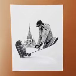 the skier is going down the slope next to his suitcase