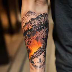 a man with a mountain and a sunset tattoo on his arm