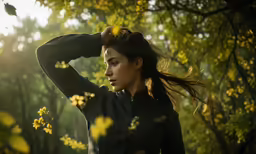 a woman with her hair in ponytail looking over her shoulder in front of trees and yellow flowers