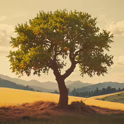 a lone tree stands in a hilly valley,a lone tree in the middle of a wheat field