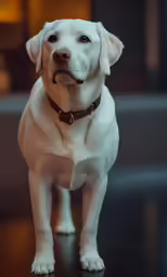 a white dog standing on top of a wooden floor