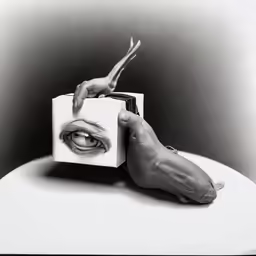 a black and white photo with a hand reaching out of an opened book