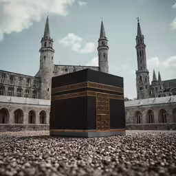 an old black cube with gold accents near a castle like building