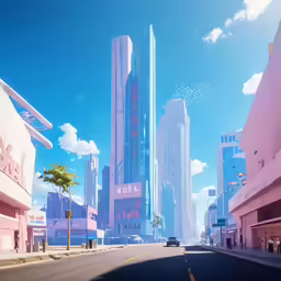 the cityscape is pink and contains skyscrapers