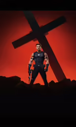 a character standing in front of a large cross
