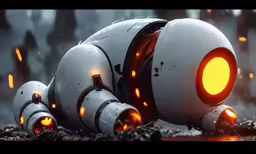 an orange glowing robot lays on its back on a dark, rocky surface