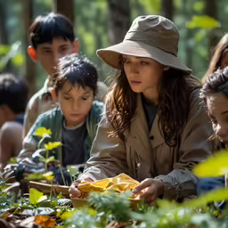 several children in brown coats and hats gather in the woods