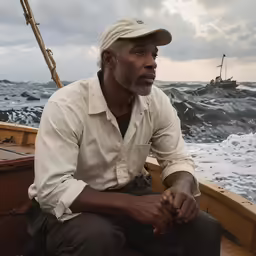 man sitting on boat with sailboat in the background