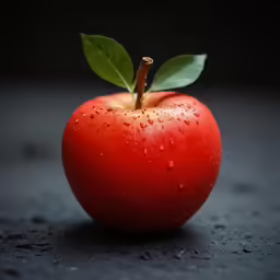 an apple with a green leaf sits on a dark surface