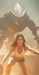 a woman standing next to a giant godzilla