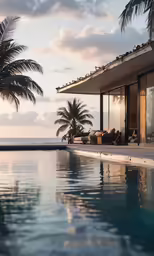 a pool with the ocean and a palm tree in front