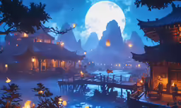 an illustration of an oriental town with a lot of fog and some lights