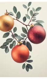 three red and one orange christmas balls hanging from a tree