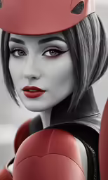 the young lady with an unusual hat is dressed in black and red
