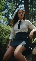a woman in a short skirt is sitting outside