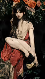 there is a woman that is sitting down on some trunks