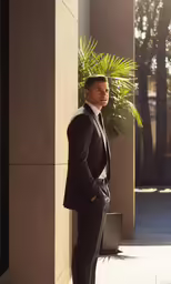 a man in a suit stands by a wall