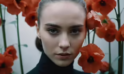 a woman with long hair standing next to some orange flowers