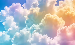white clouds in a blue sky and multi - colored light