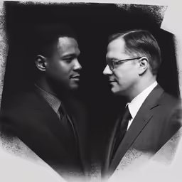 a portrait of two black men in suits, facing each other