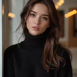 a young woman in black sweater leaning against wall
