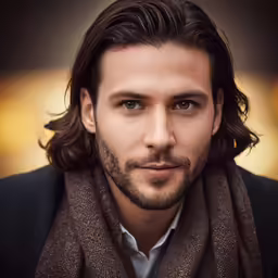 a close up photo of a man in a scarf