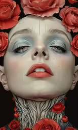 a girl with her face turned to roses
