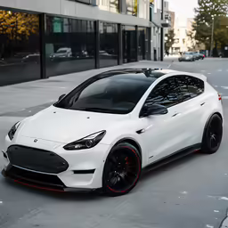 a white car with red stripes is parked on the side of the street