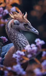 the head of a bird is covered with feathers and flowers