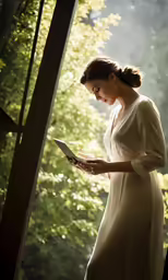 a woman in a long dress with an open book in her hands