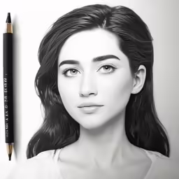 a drawing of a girl with a pencil on her shoulder