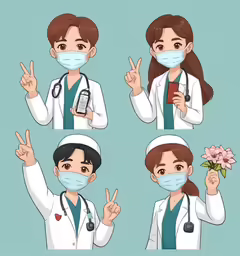 a young nurse wearing medical gear with four different gestures