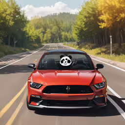red mustang car with a panda ears sticker on its windshield,a red mustang mustang with mickey mouse decal on its windshield