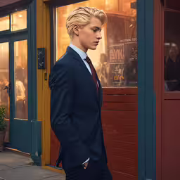 a man in a blue suit standing outside of a business,young businessman in suit looking at himself outside a restaurant