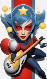 a female musician wearing makeup and with blue hair, playing guitar