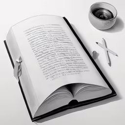 an open book on a table with a bowl, pencils and a toothbrush