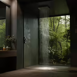 shower head, and wall surround by walls of windows