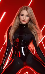 a model in black latex poses against a neon background