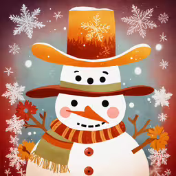 a colorful snow man with a red hat, scarf, and scarf around his neck,an image of a snowman with a hat