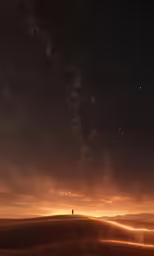 two people standing on top of a mountain under a sky filled with stars